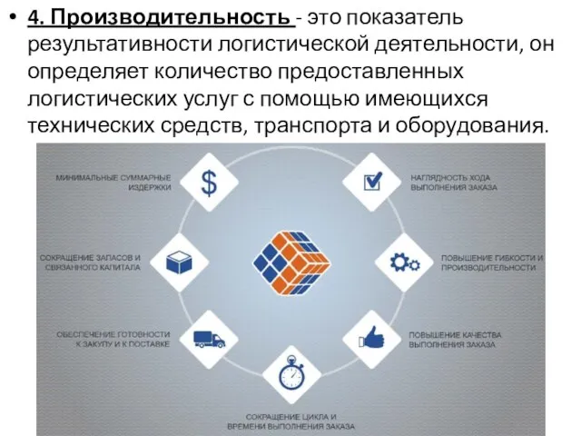 4. Производительность - это показатель результативности логистической деятельности, он определяет количество предоставленных