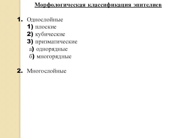 Морфологическая классификация эпителиев Однослойные 1) плоские 2) кубические 3) призматические а) однорядные б) многорядные Многослойные