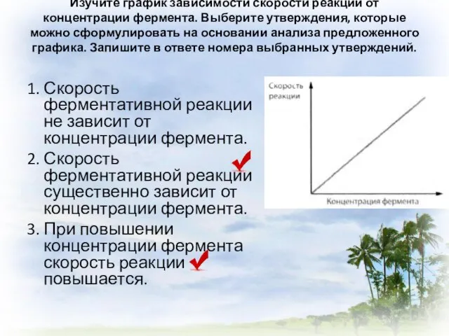 Изучите график зависимости скорости реакции от концентрации фермента. Выберите утверждения, которые можно