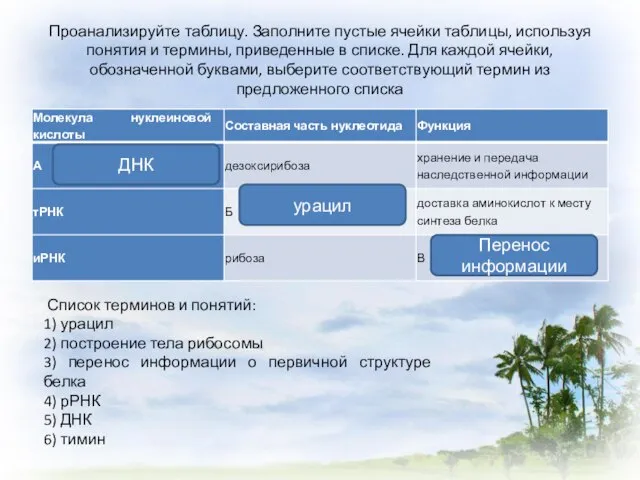 Проанализируйте таблицу. Заполните пустые ячейки таблицы, используя понятия и термины, приведенные в