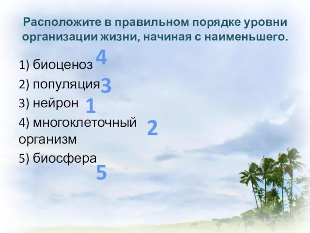 Расположите в правильном порядке уровни организации жизни, начиная с наименьшего. 1) биоценоз