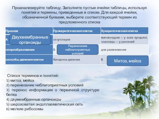 Список терминов и понятий: 1) митоз, мейоз 2) перенесение неблагоприятных условий 3)