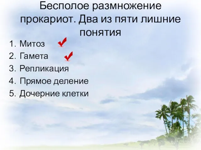 Бесполое размножение прокариот. Два из пяти лишние понятия Митоз Гамета Репликация Прямое деление Дочерние клетки