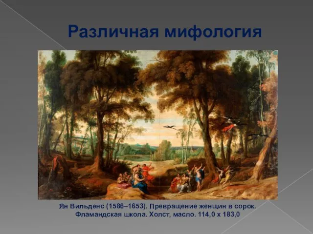 Различная мифология Ян Вильденс (1586–1653). Превращение женщин в сорок. Фламандская школа. Холст, масло. 114,0 х 183,0