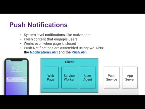 Push Notifications System level notifications, like native apps Fresh content that engages