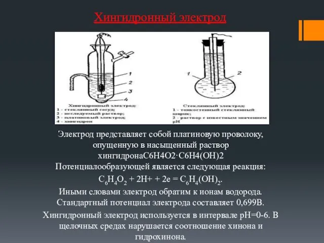 Хингидронный электрод Электрод представляет собой платиновую проволоку, опущенную в насыщенный раствор хингидронаС6Н4О2·С6Н4(ОН)2