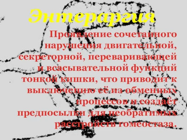 Энтераргия Проявление сочетанного нарушения двигательной, секреторной, переваривающей и всасывательной функций тонкой кишки,