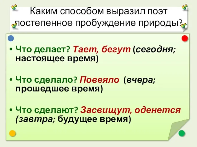 Каким способом выразил поэт постепенное пробуждение природы? Что делает? Тает, бегут (сегодня;