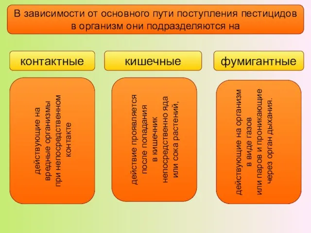 контактные кишечные фумигантные В зависимости от основного пути поступления пестицидов в организм