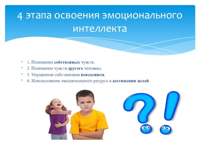 1. Понимание собственных чувств. 2. Понимание чувств другого человека. 3. Управление собственным