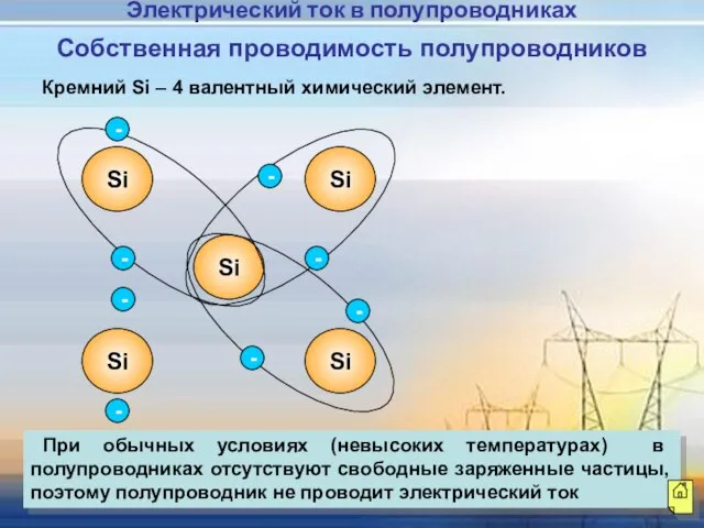 При обычных условиях (невысоких температурах) в полупроводниках отсутствуют свободные заряженные частицы, поэтому