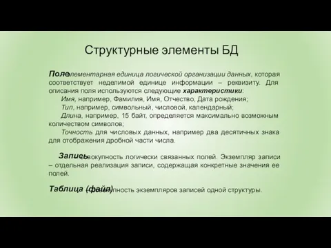 Структурные элементы БД – элементарная единица логической организации данных, которая соответствует неделимой