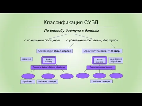 По способу доступа к данным с локальным доступом с удаленным (сетевым) доступом