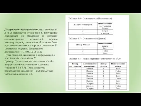 Декартовым произведением двух отношений А и В называется отношение С полученное сцеплением