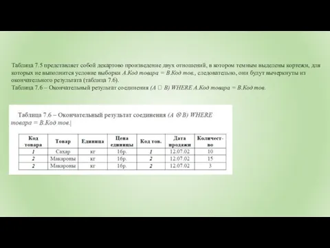 Таблица 7.5 представляет собой декартово произведение двух отношений, в котором темным выделены