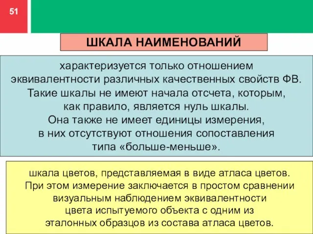 ШКАЛА НАИМЕНОВАНИЙ характеризуется только отношением эквивалентности различных качественных свойств ФВ. Такие шкалы