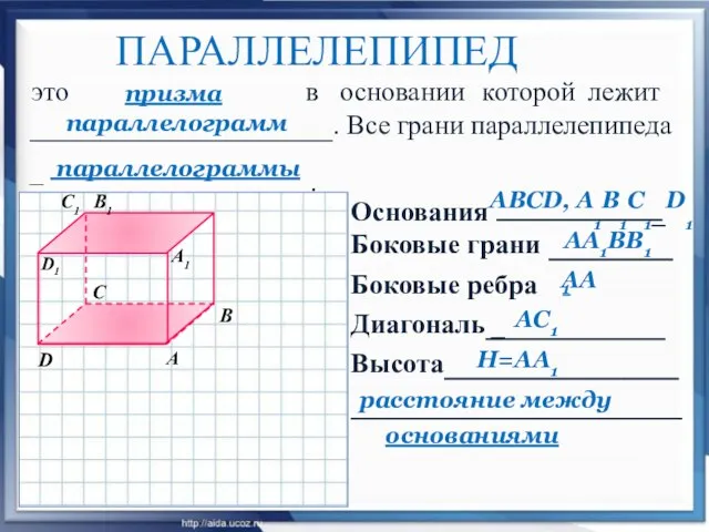 Боковые грани Диагональ _ Высота ПАРАЛЛЕЛЕПИПЕД это в основании которой лежит .