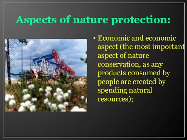 Aspects of nature protection: Economic and economic aspect (the most important aspect