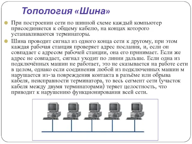 Топология «Шина» При построении сети по шинной схеме каждый компьютер присоединяется к