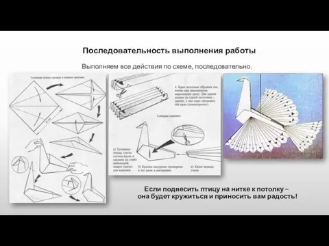 Последовательность выполнения работы Выполняем все действия по схеме, последовательно. Если подвесить птицу