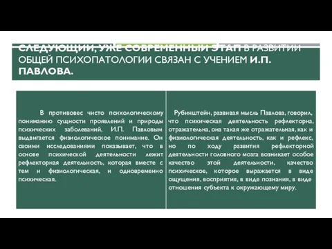 СЛЕДУЮЩИЙ, УЖЕ СОВРЕМЕННЫЙ ЭТАП В РАЗВИТИИ ОБЩЕЙ ПСИХОПАТОЛОГИИ СВЯЗАН С УЧЕНИЕМ И.П. ПАВЛОВА.