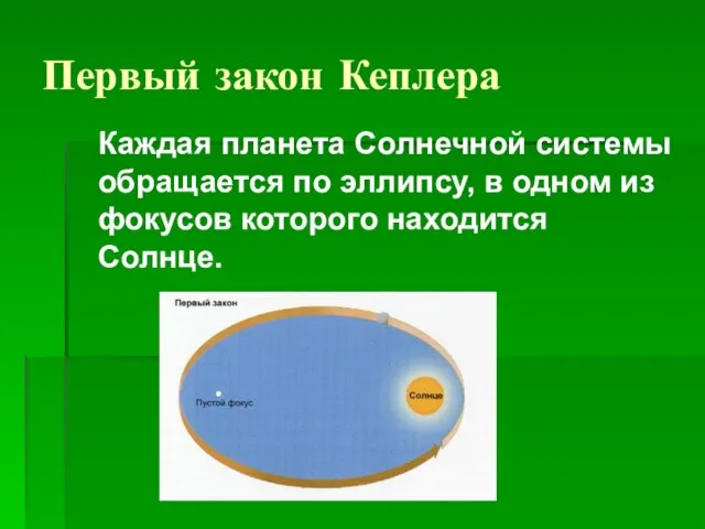 Первый закон Кеплера Каждая планета Солнечной системы обращается по эллипсу, в одном