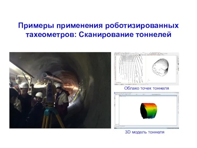 Примеры применения роботизированных тахеометров: Сканирование тоннелей Облако точек тоннеля 3D модель тоннеля