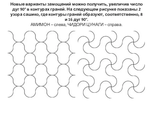 Новые варианты замощений можно получить, увеличив число дуг 90° в контурах граней.