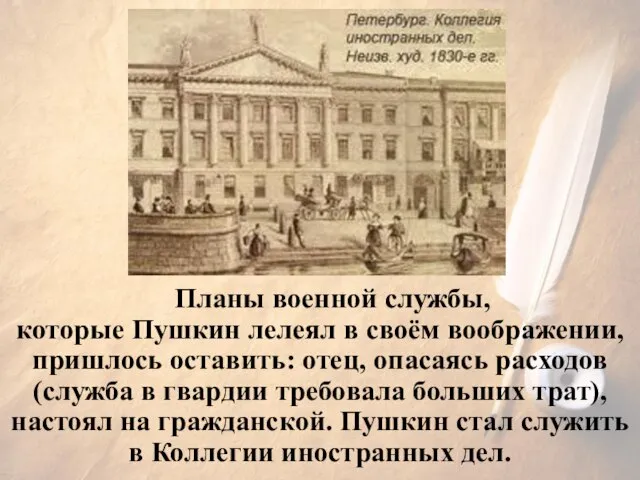 Планы военной службы, которые Пушкин лелеял в своём воображении, пришлось оставить: отец,