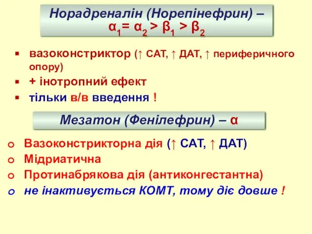 Мезатон (Фенілефрин) – α Вазоконстрикторна дія (↑ САТ, ↑ ДАТ) Мідриатична Протинабрякова