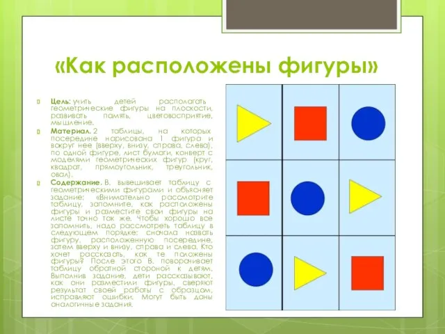 «Как расположены фигуры» Цель: учить детей располагать геометрические фигуры на плоскости, развивать