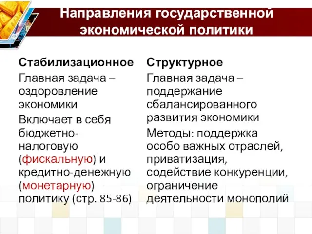 Направления государственной экономической политики Стабилизационное Главная задача – оздоровление экономики Включает в