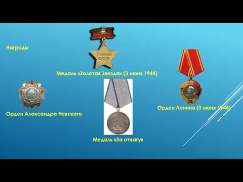 Награды Медаль «Золотая Звезда» (3 июня 1944) Орден Ленина (3 июня 1944)