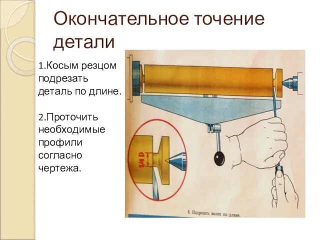 Окончательное точение детали 1.Косым резцом подрезать деталь по длине. 2.Проточить необходимые профили согласно чертежа.