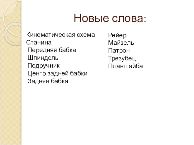 Новые слова: Кинематическая схема Станина Передняя бабка Шпиндель Подручник Центр задней бабки