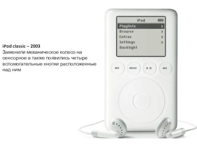 iPod classic – 2003 Заменили механическое колесо на сенсорное а также появились