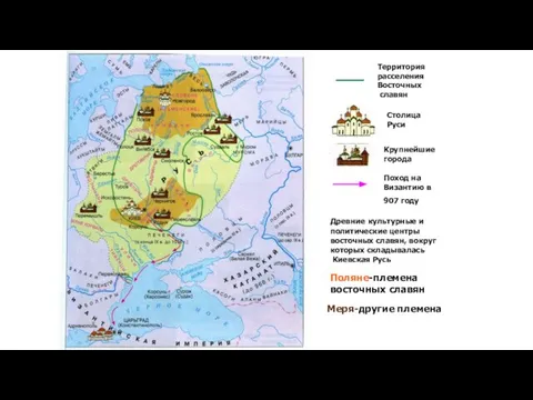 Территория расселения Восточных славян Столица Руси Крупнейшие города Поход на Византию в