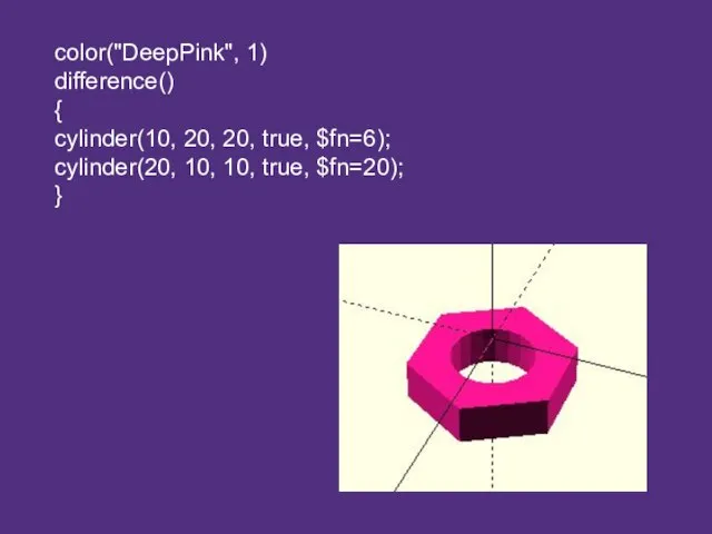 color("DeepPink", 1) difference() { cylinder(10, 20, 20, true, $fn=6); cylinder(20, 10, 10, true, $fn=20); }