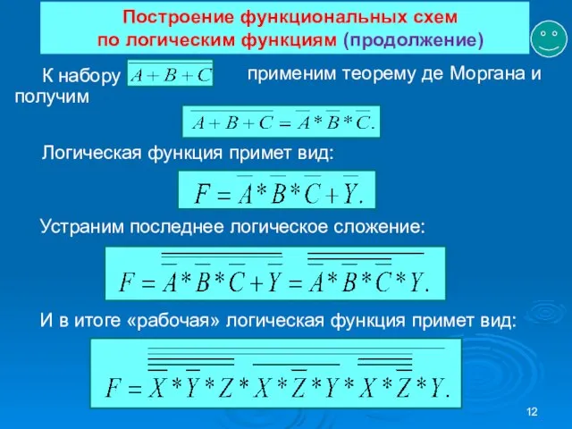 Построение функциональных схем по логическим функциям (продолжение) К набору применим теорему де