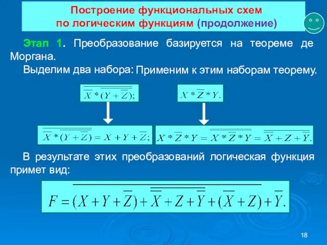 Этап 1. Преобразование базируется на теореме де Моргана. Выделим два набора: Построение