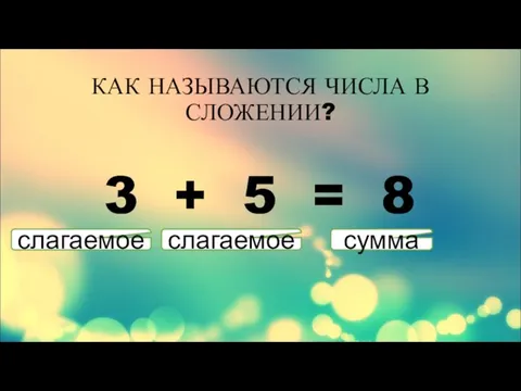 КАК НАЗЫВАЮТСЯ ЧИСЛА В СЛОЖЕНИИ? 3 + 5 = 8 слагаемое слагаемое сумма