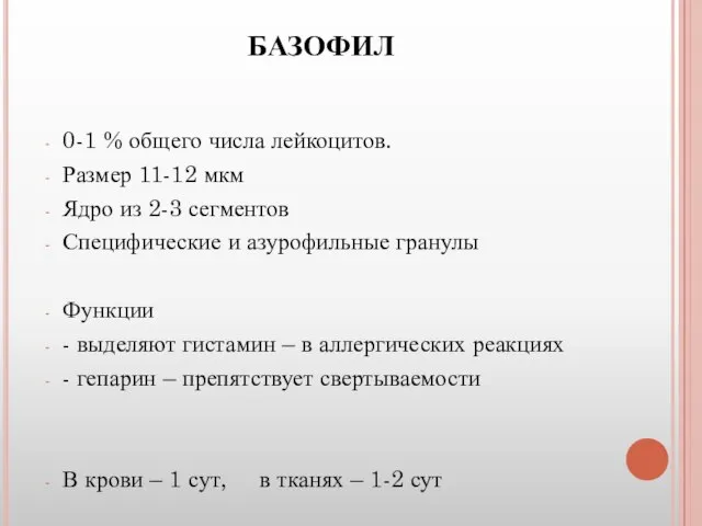 БАЗОФИЛ 0-1 % общего числа лейкоцитов. Размер 11-12 мкм Ядро из 2-3