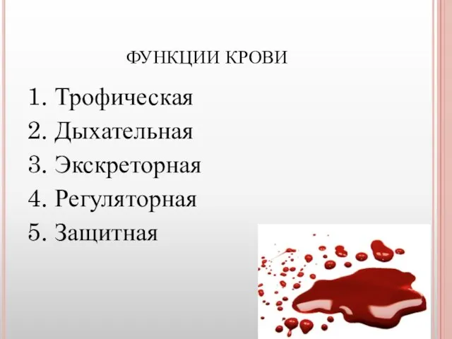 ФУНКЦИИ КРОВИ 1. Трофическая 2. Дыхательная 3. Экскреторная 4. Регуляторная 5. Защитная