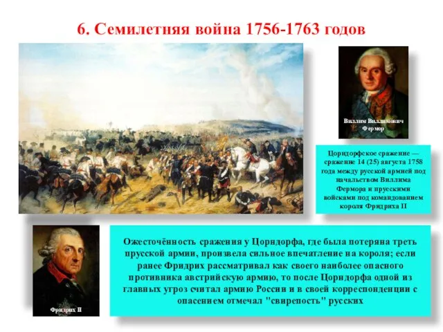 6. Семилетняя война 1756-1763 годов Виллим Виллимович Фермор Фридрих II Сражение при