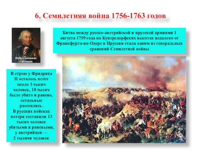 6. Семилетняя война 1756-1763 годов Пётр Семёнович Салтыков Битва между русско-австрийской и