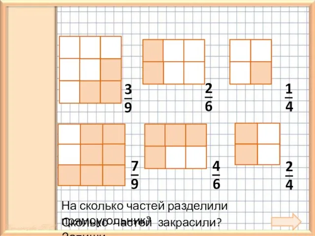 На сколько частей разделили прямоугольник? Сколько частей закрасили? Запиши.