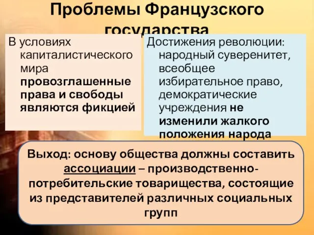 Выход: основу общества должны составить ассоциации – производственно-потребительские товарищества, состоящие из представителей