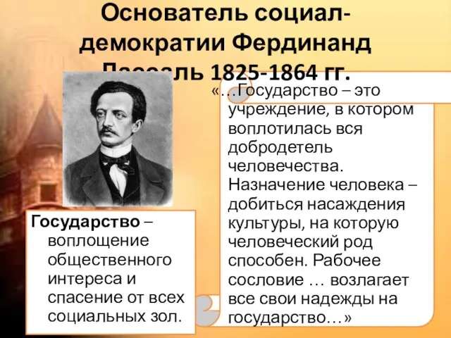 Основатель социал-демократии Фердинанд Лассаль 1825-1864 гг. Государство – воплощение общественного интереса и