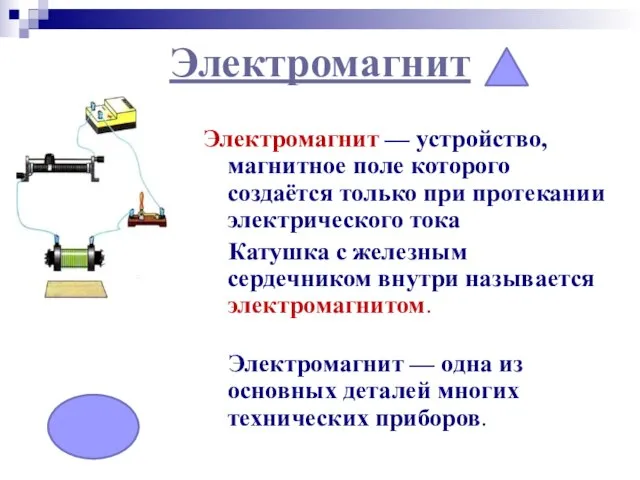 Электромагнит Электромагнит — устройство, магнитное поле которого создаётся только при протекании электрического