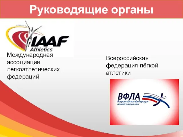 Руководящие органы Международная ассоциация легкоатлетических федераций Всероссийская федерация лёгкой атлетики